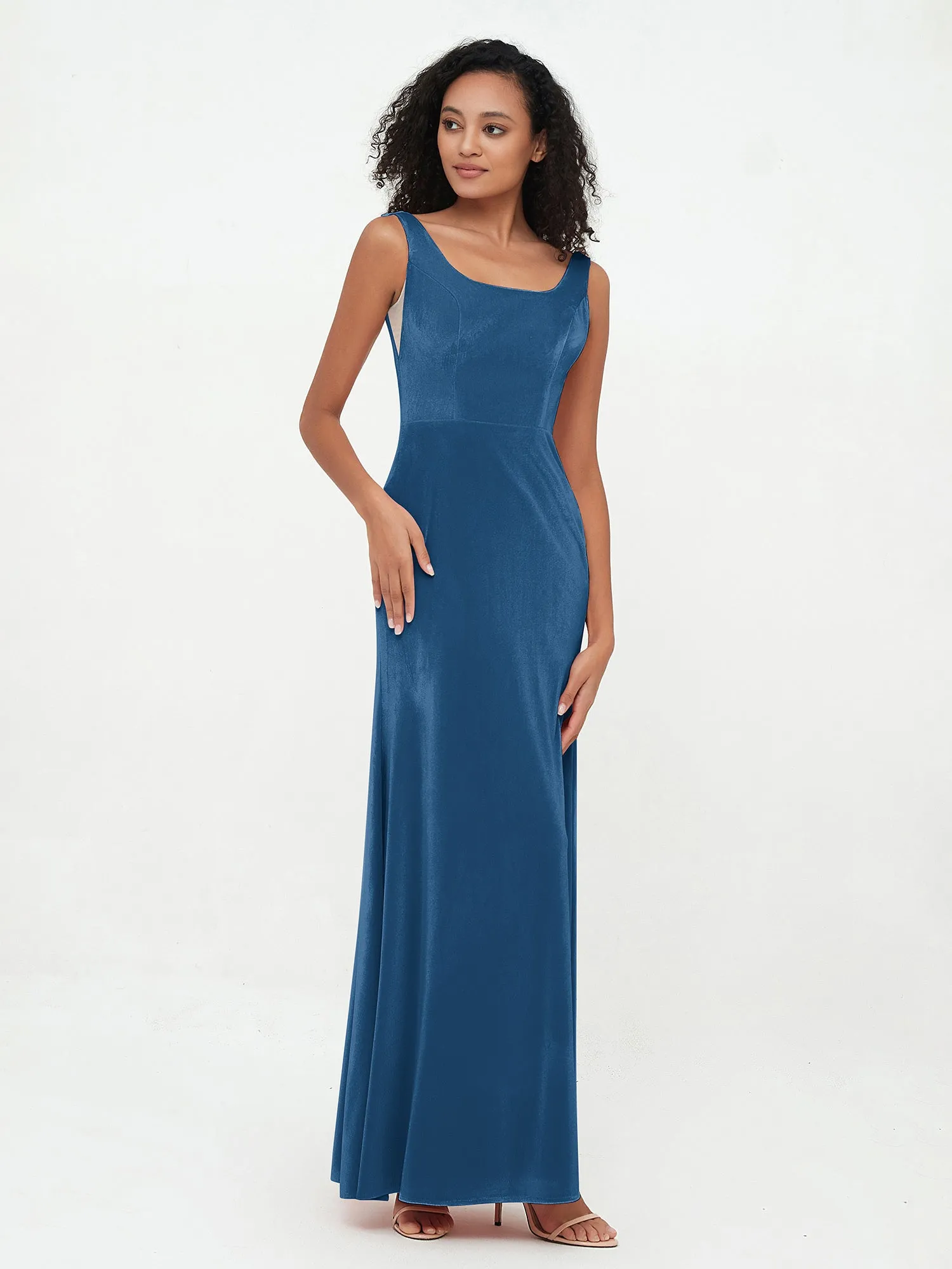 Bateau Neck Mermaid Long Velvet Dresses Ink Blue