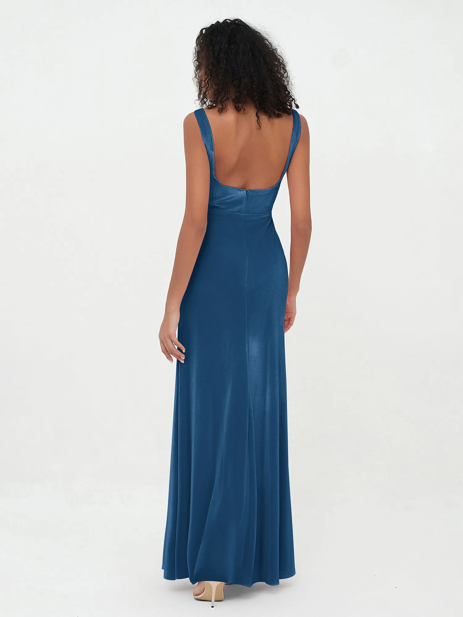 Bateau Neck Mermaid Long Velvet Dresses Ink Blue