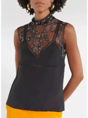 Bead-Embellished Crepe De Chine Silk Top in Black