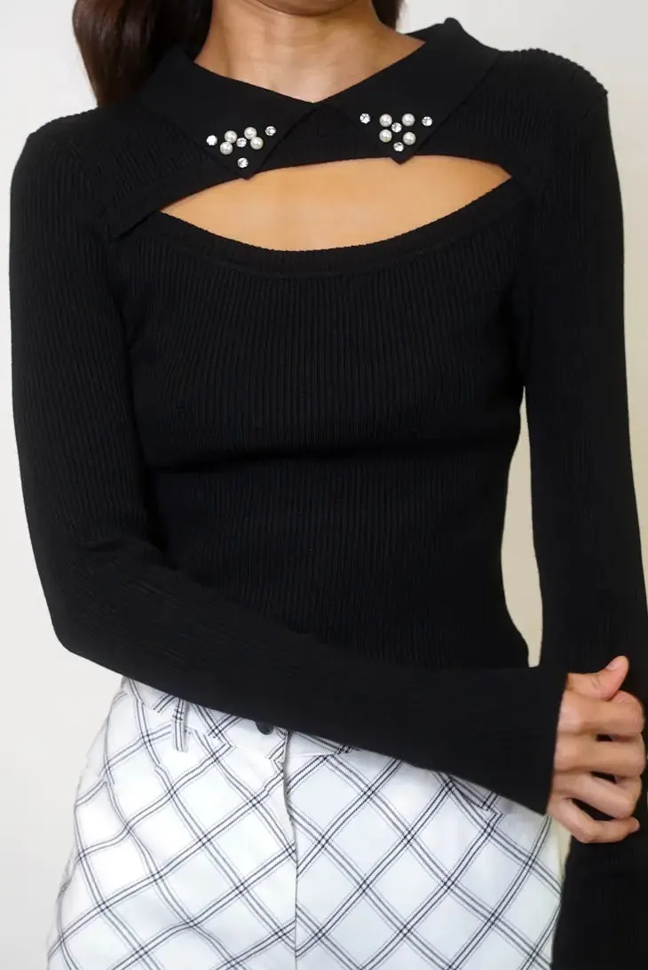 Black Cutout Embellished Collar Neck Long Sleeve