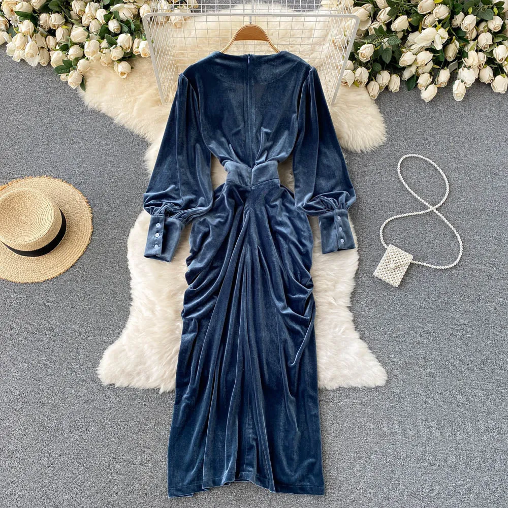 Blue V-neck Velvet Dress, Long Sleeve Fashion Dress    S4411