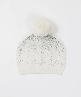 Crystal Embellished Pom Pom Hat - White