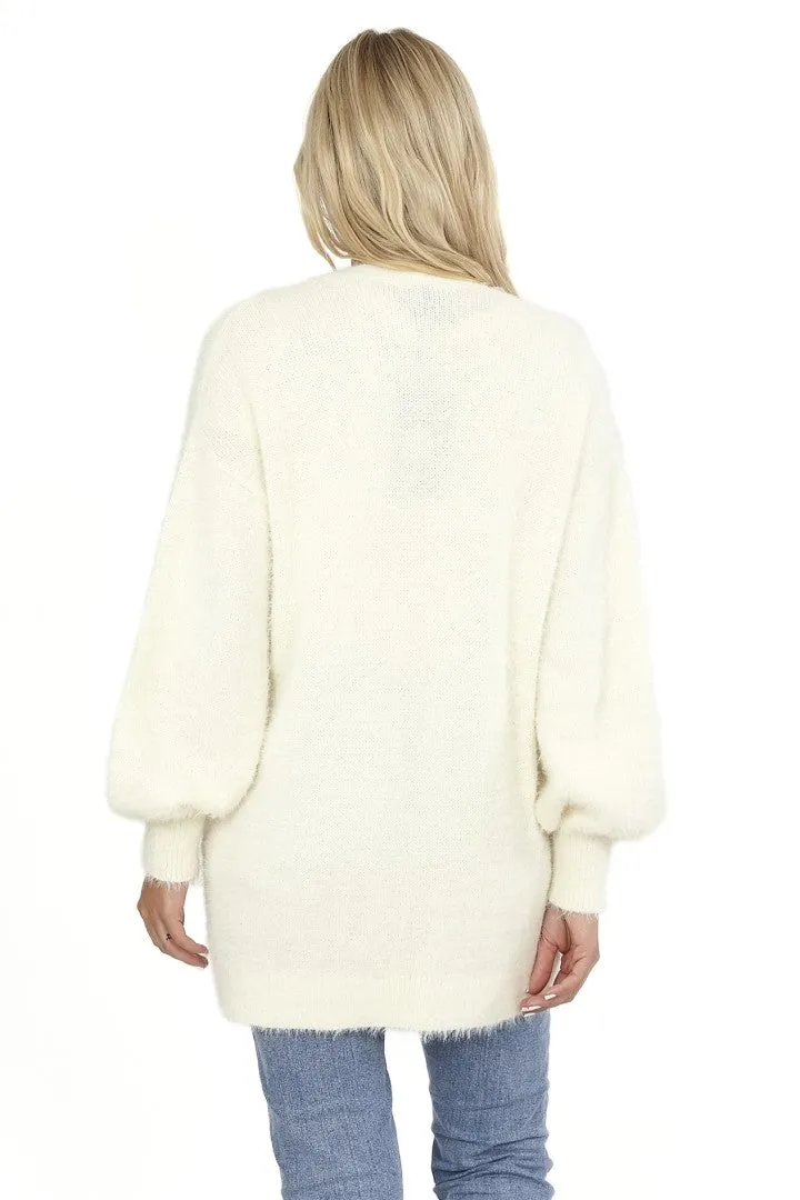 FLUFFY KNIT BALLOON SLEEVE OPEN FRONT CARDIGAN