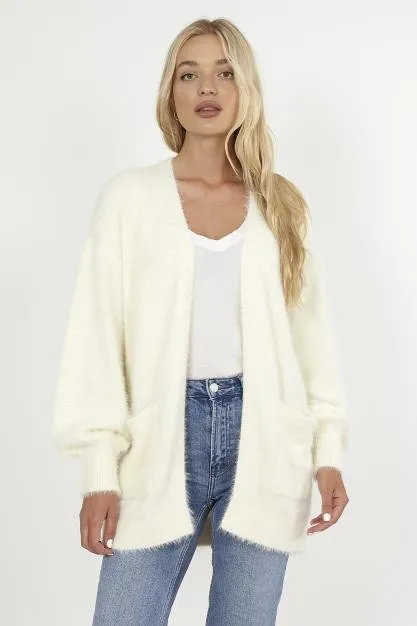 FLUFFY KNIT BALLOON SLEEVE OPEN FRONT CARDIGAN