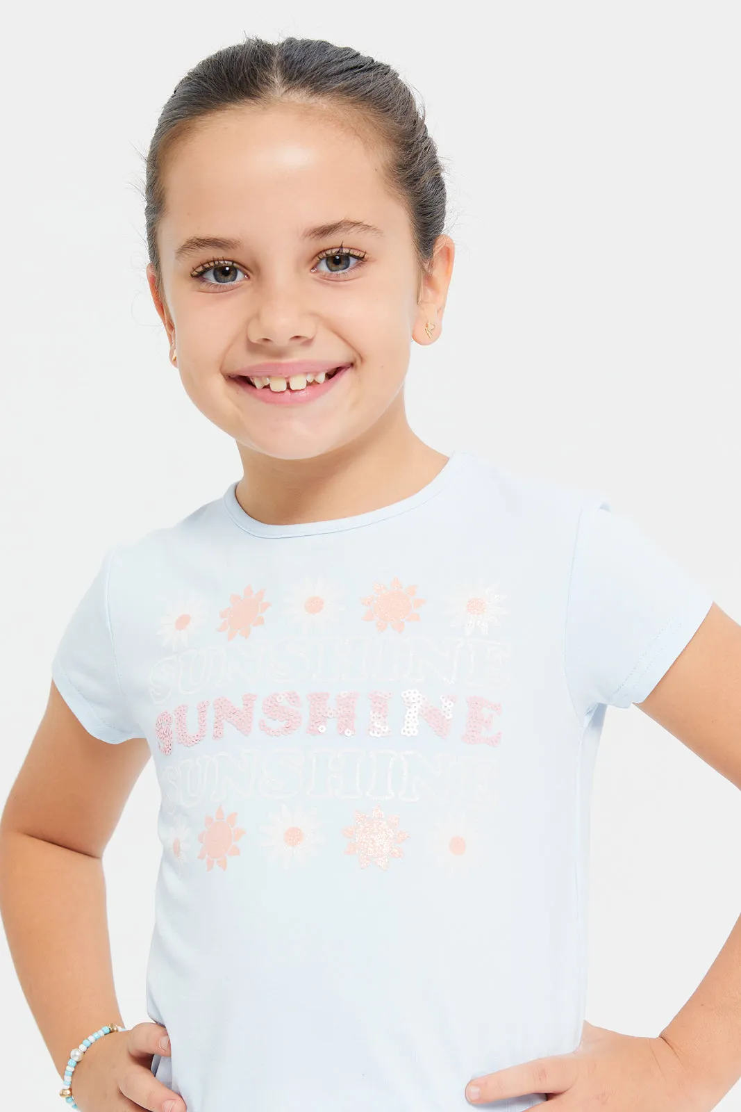 Girls Blue Sequins Embellished T-Shirt