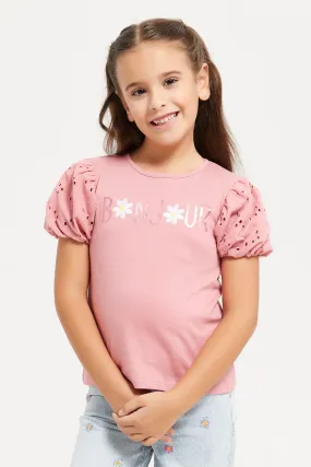 Girls Pink Embellished Schiffli Frills Short Sleeves