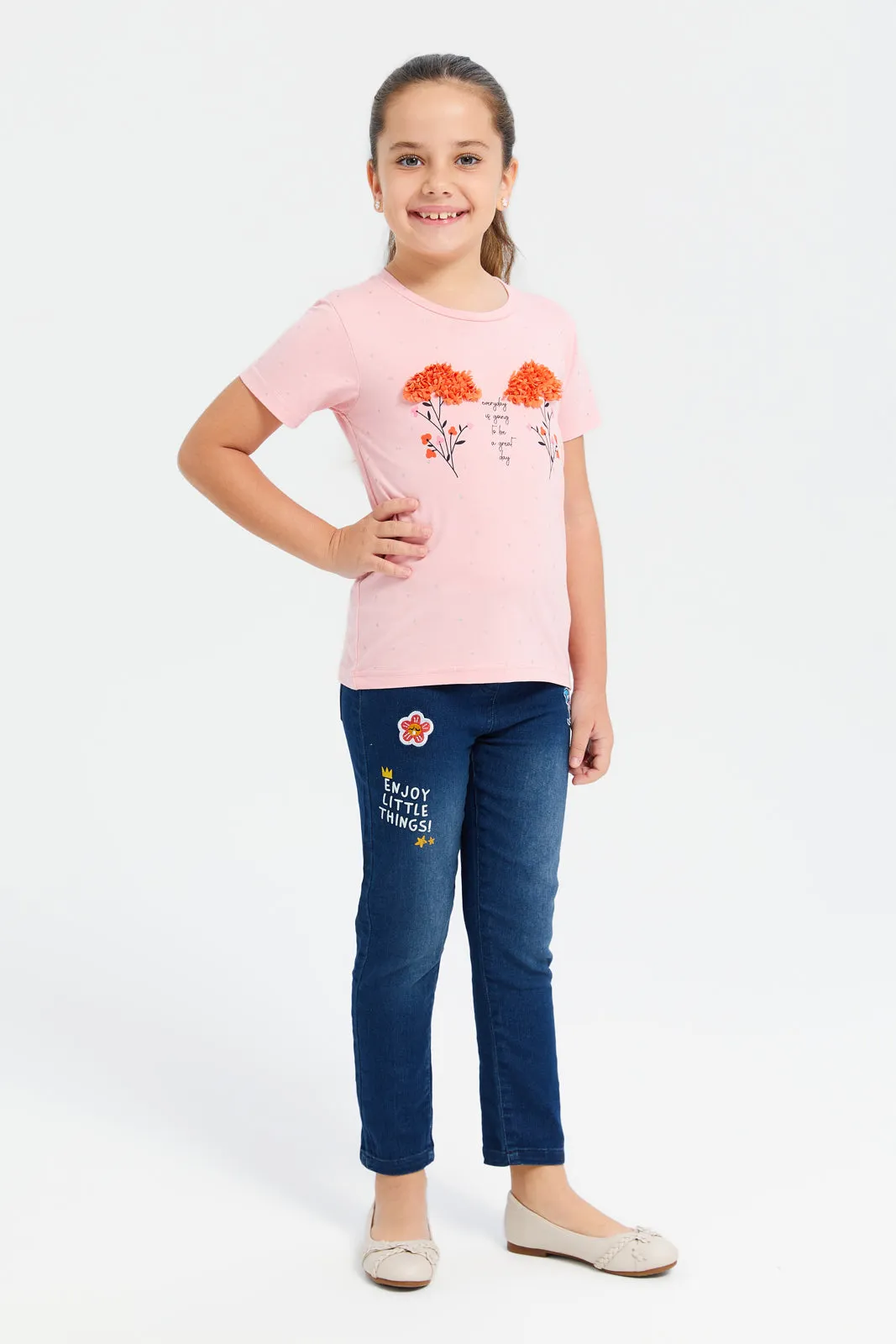 Girls Pink Embellished T-Shirt