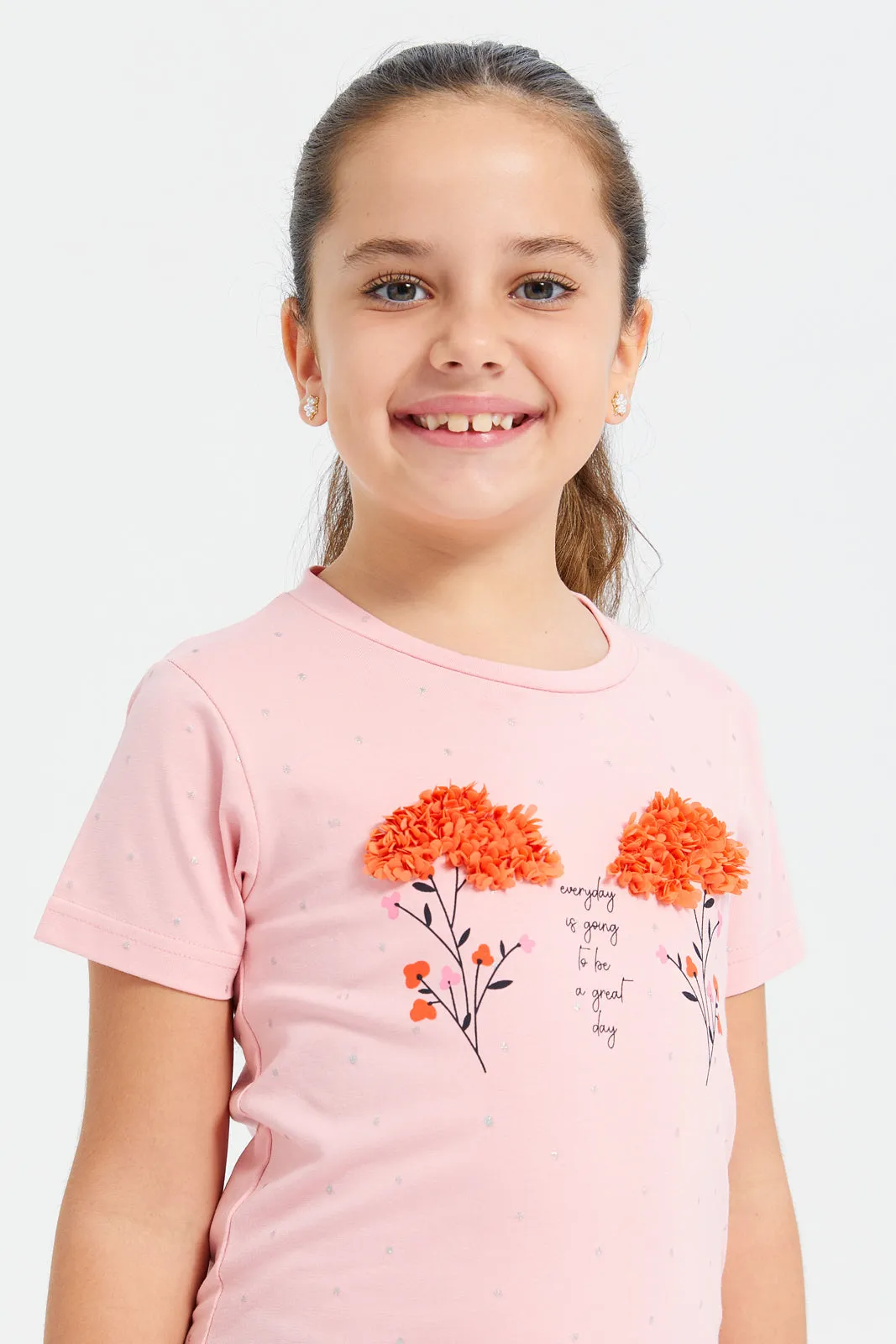 Girls Pink Embellished T-Shirt