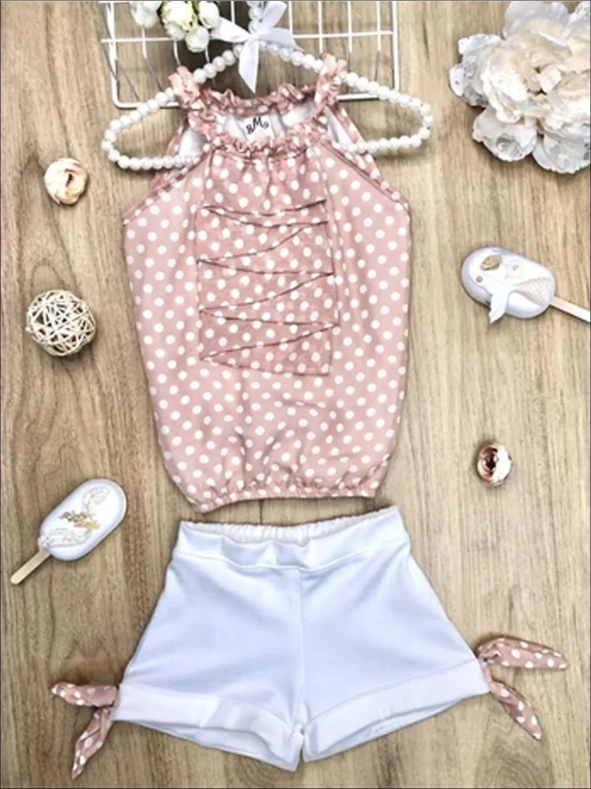 Girls Polka Dot Darling Halter Neck Top And Bow Short Set