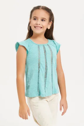 Girls Teal Embellished Frilled Short Sleeves Top