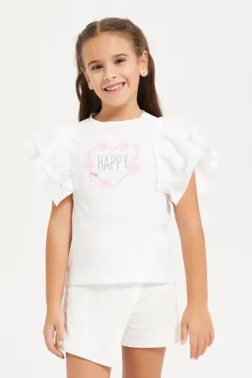 Girls White Embellished Frilld Short Sleeve Top