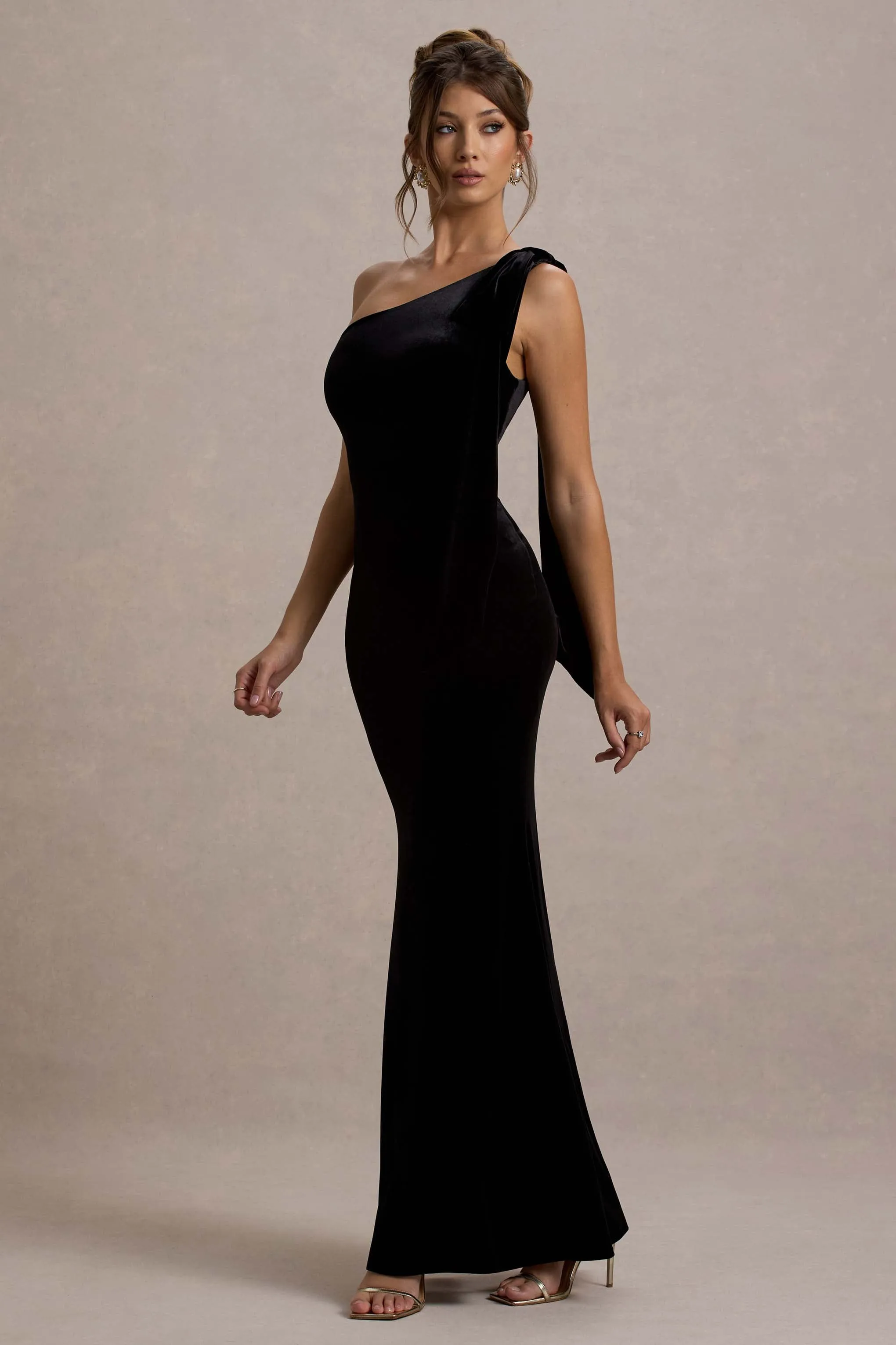 Jillian | Black Velvet Asymmetric Maxi Dress With Bow Strap