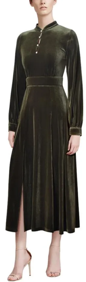 Long-Sleeve Velvet Midi Dress with Pearl Buttons