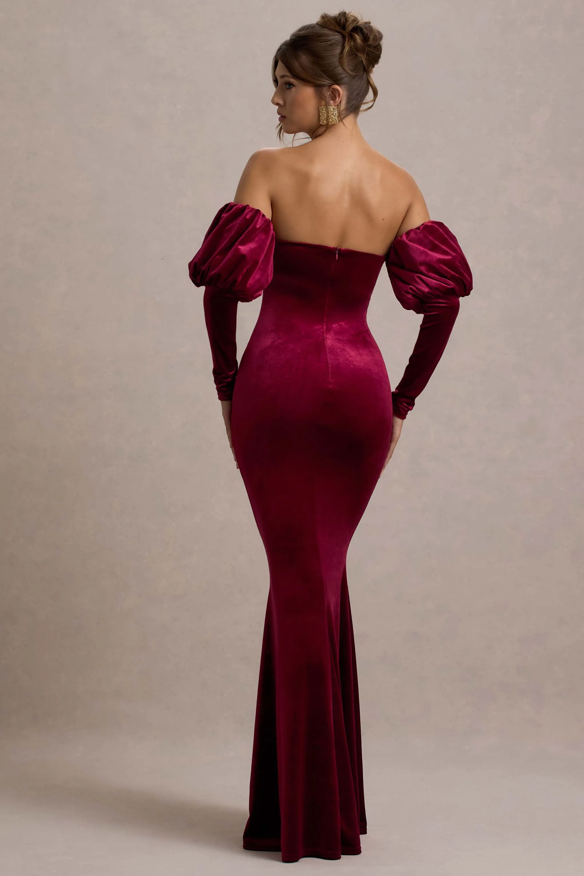 Neoma | Berry Velvet Bardot Puff-Sleeve Maxi Dress