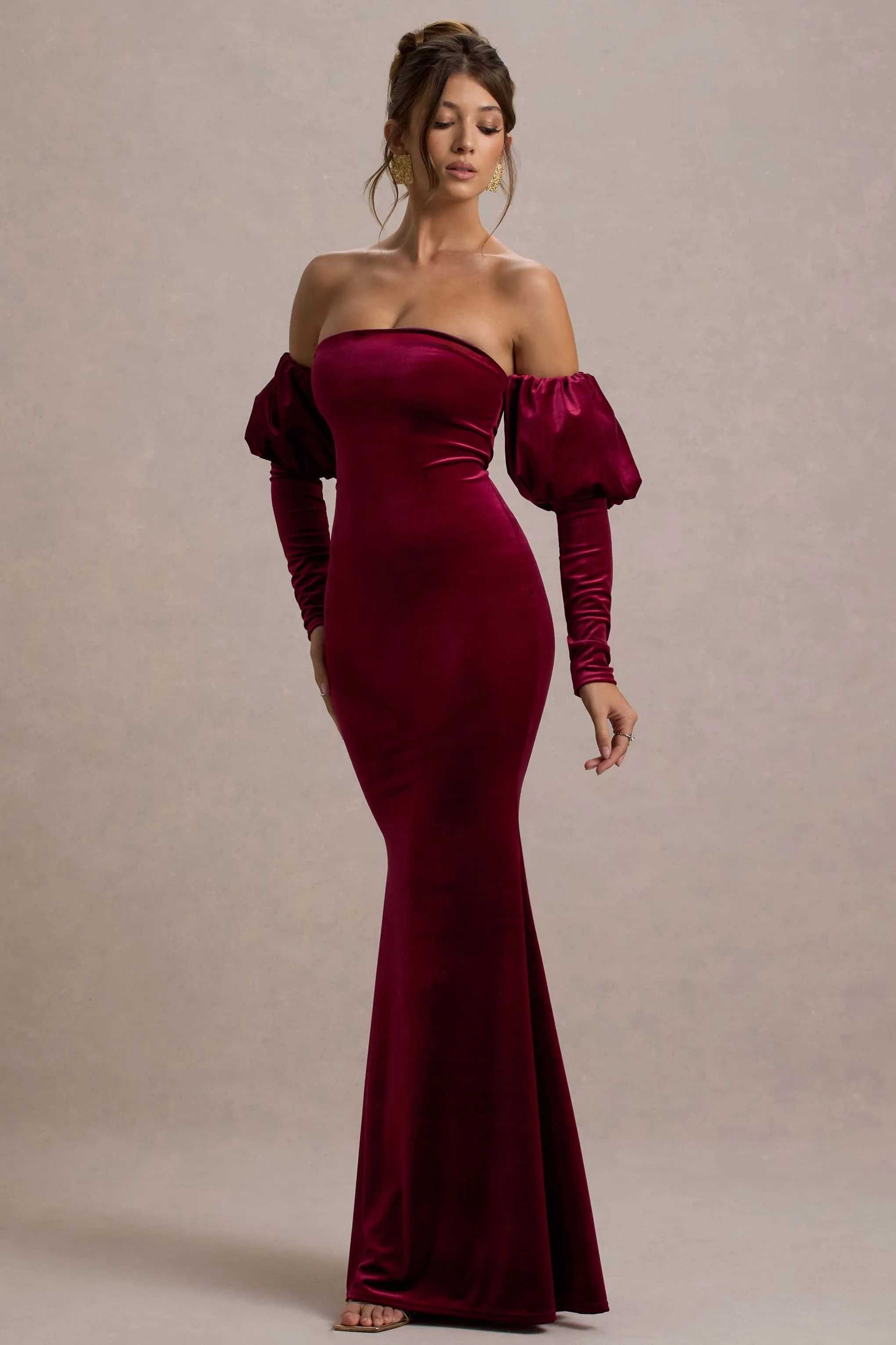 Neoma | Berry Velvet Bardot Puff-Sleeve Maxi Dress