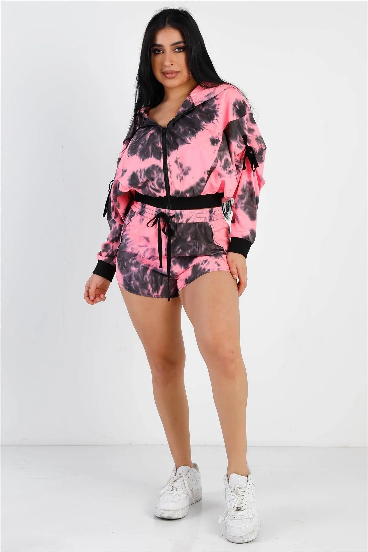 Pink & Black Tie-Dye Zip-Up Tie Sleeve Detail Hooded Crop Top & Short Set /1-1-2