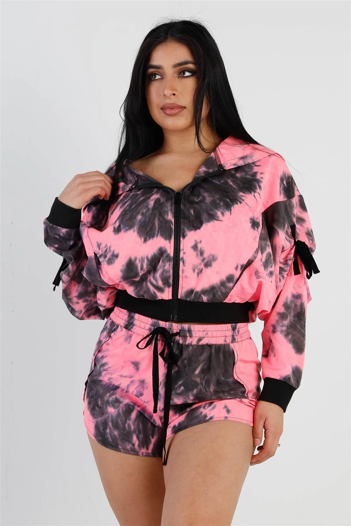 Pink & Black Tie-Dye Zip-Up Tie Sleeve Detail Hooded Crop Top & Short Set /1-1-2