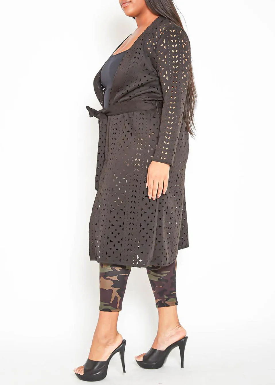 Plus Size Geometric Keyhole Designed Longline Cardigan