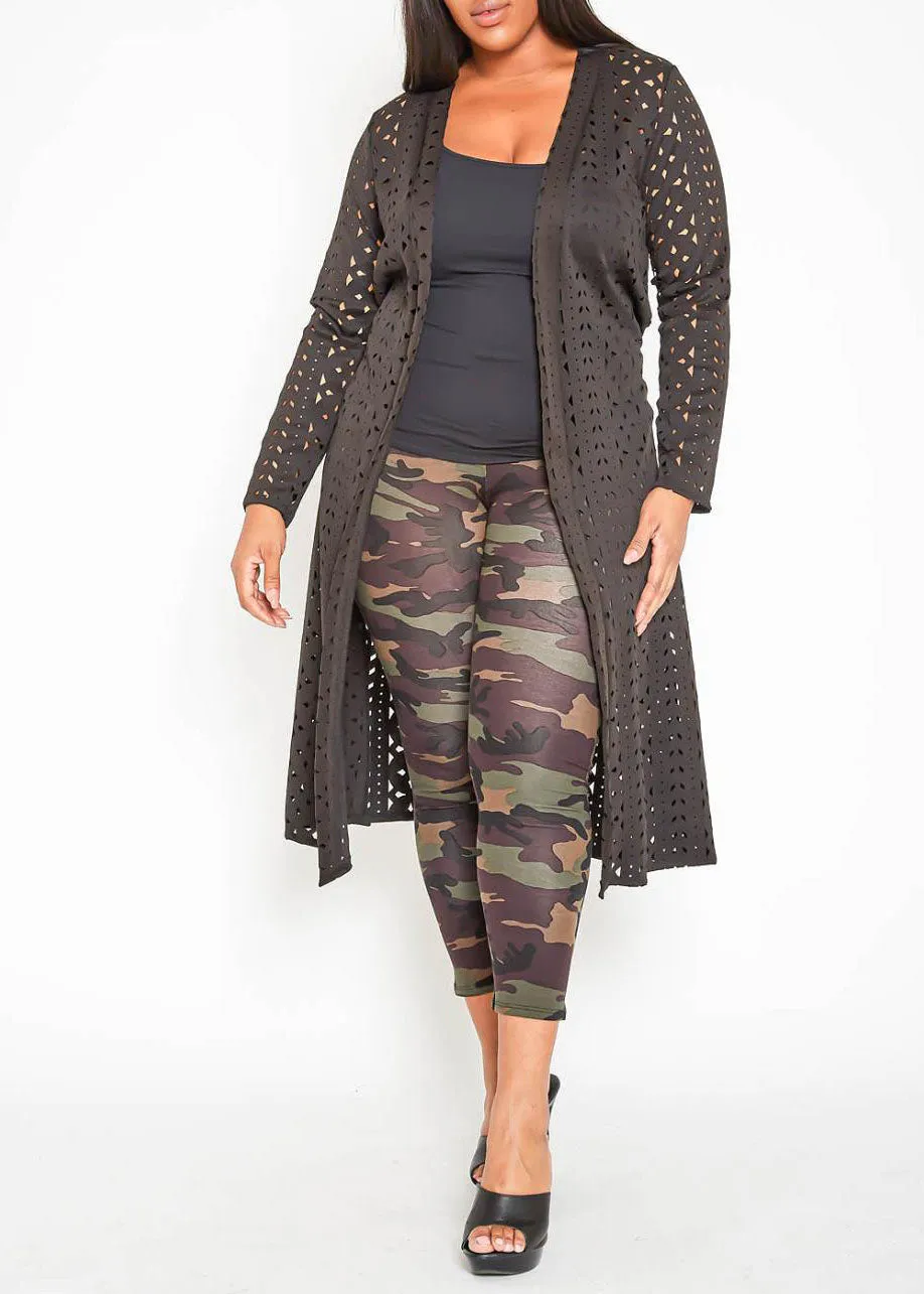 Plus Size Geometric Keyhole Designed Longline Cardigan