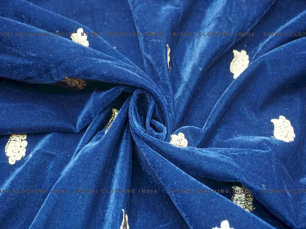 Royal Blue Zari Embroidered Velvet Fabric