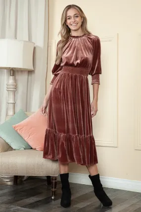 Rust Velvet Three Quarter Sleeve Midi Dress