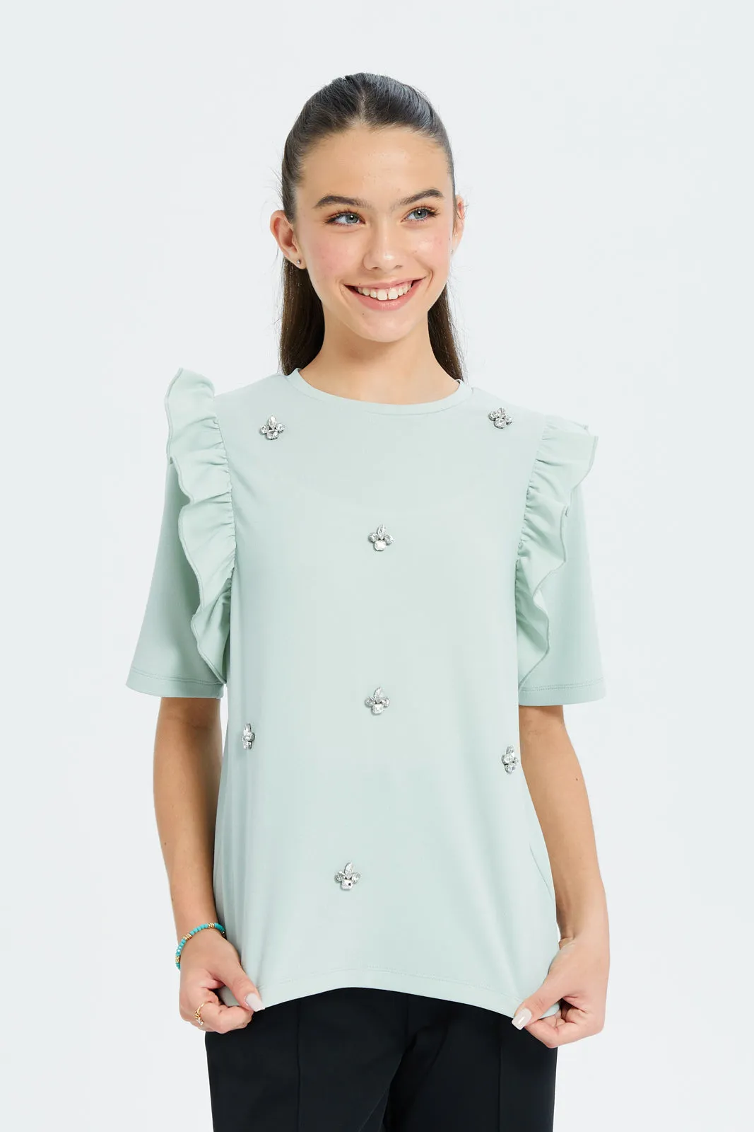 Senior Girls Green Embellished Front Ruffled Top