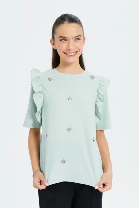 Senior Girls Green Embellished Front Ruffled Top