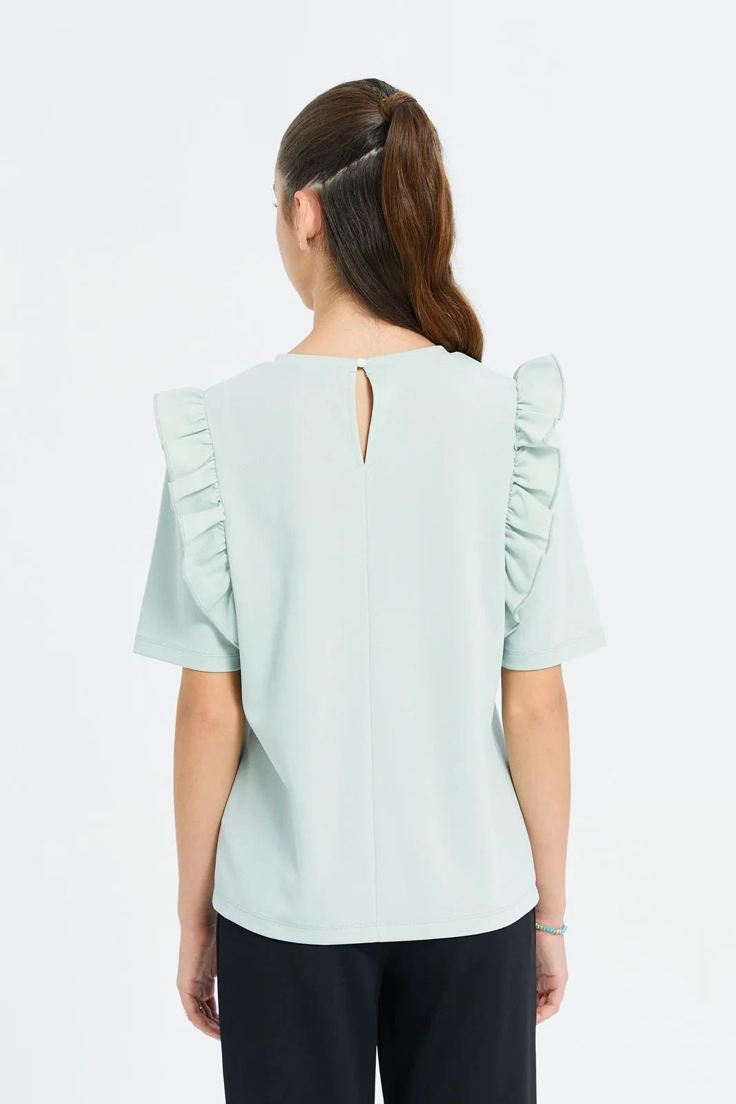 Senior Girls Green Embellished Front Ruffled Top