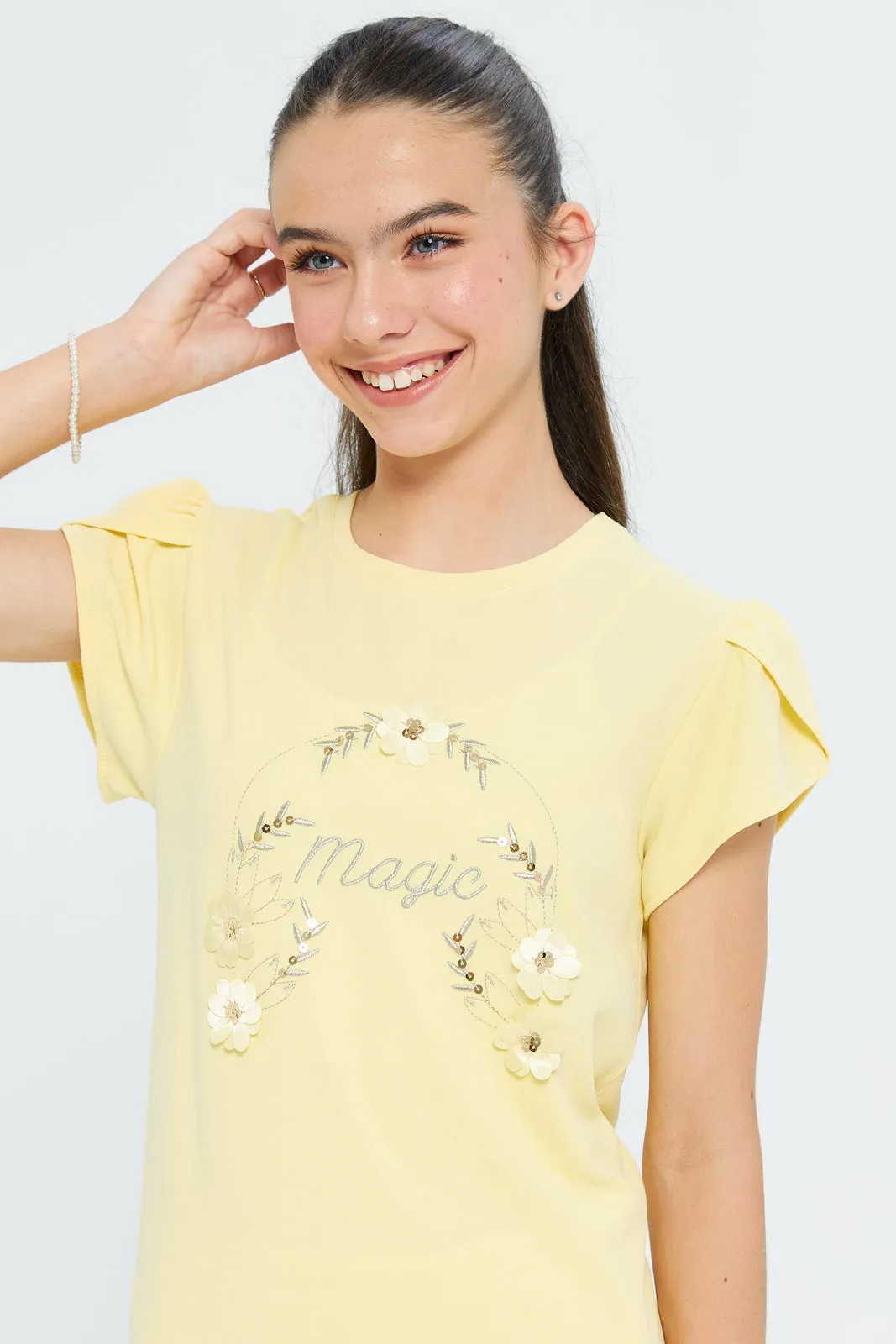 Senior Girls Yellow 3D Floral Top