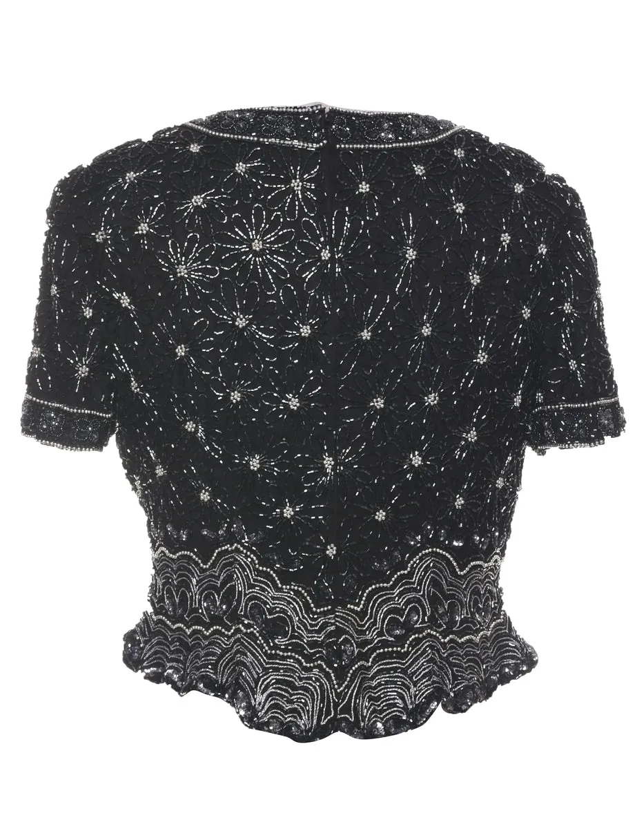 Silk Sequined Black Party Top - L