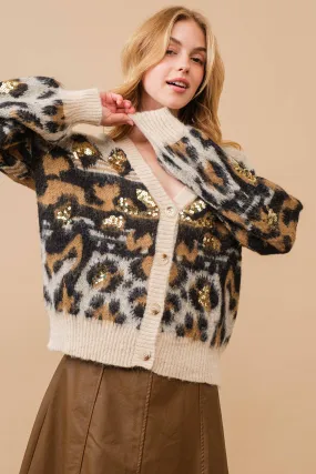 Soft Leopard Pattern Sequin Cardigan Sweater