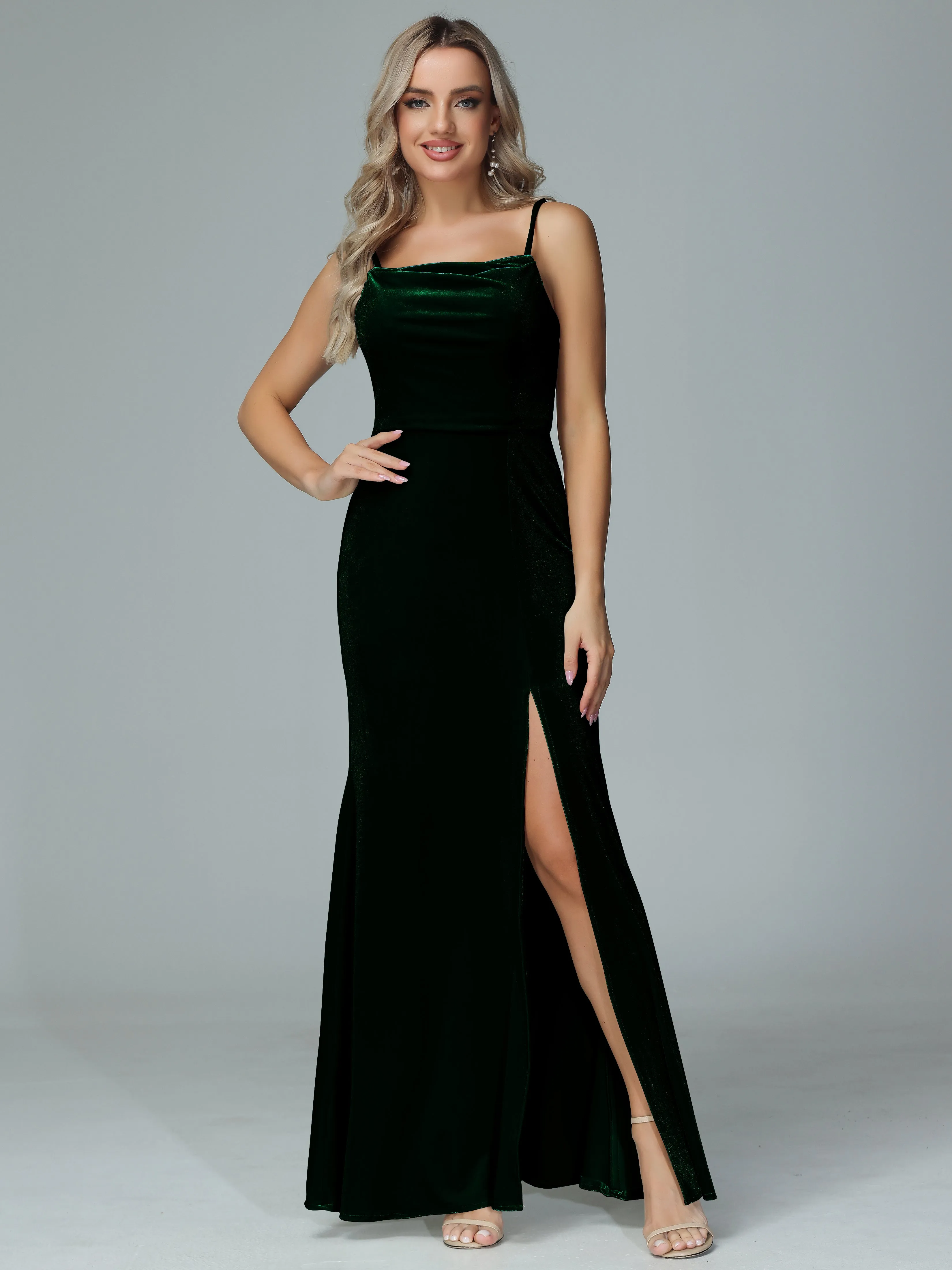 Spaghetti Straps Velvet Bridesmaid Dresses with Slit