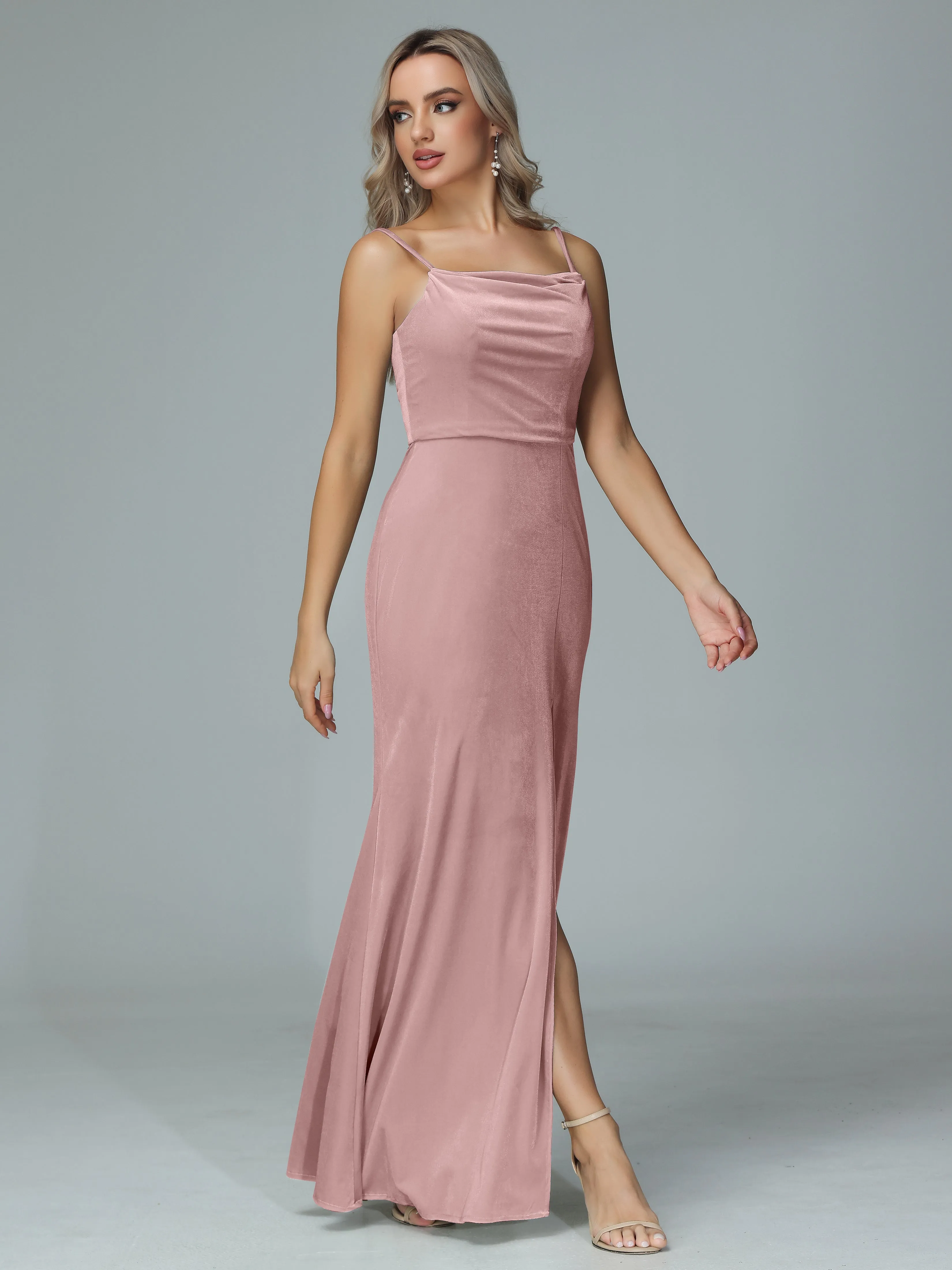 Spaghetti Straps Velvet Bridesmaid Dresses with Slit