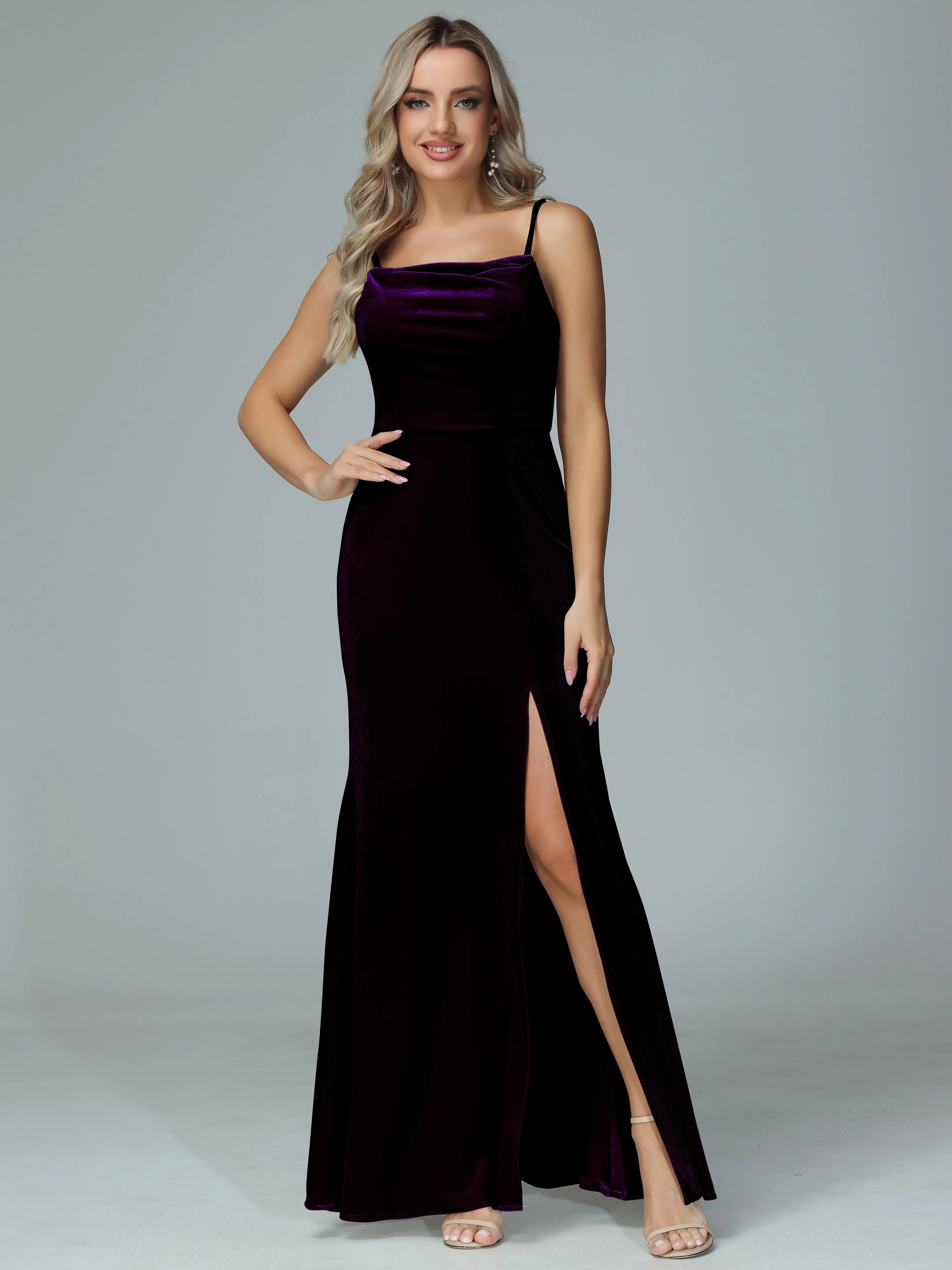 Spaghetti Straps Velvet Bridesmaid Dresses with Slit