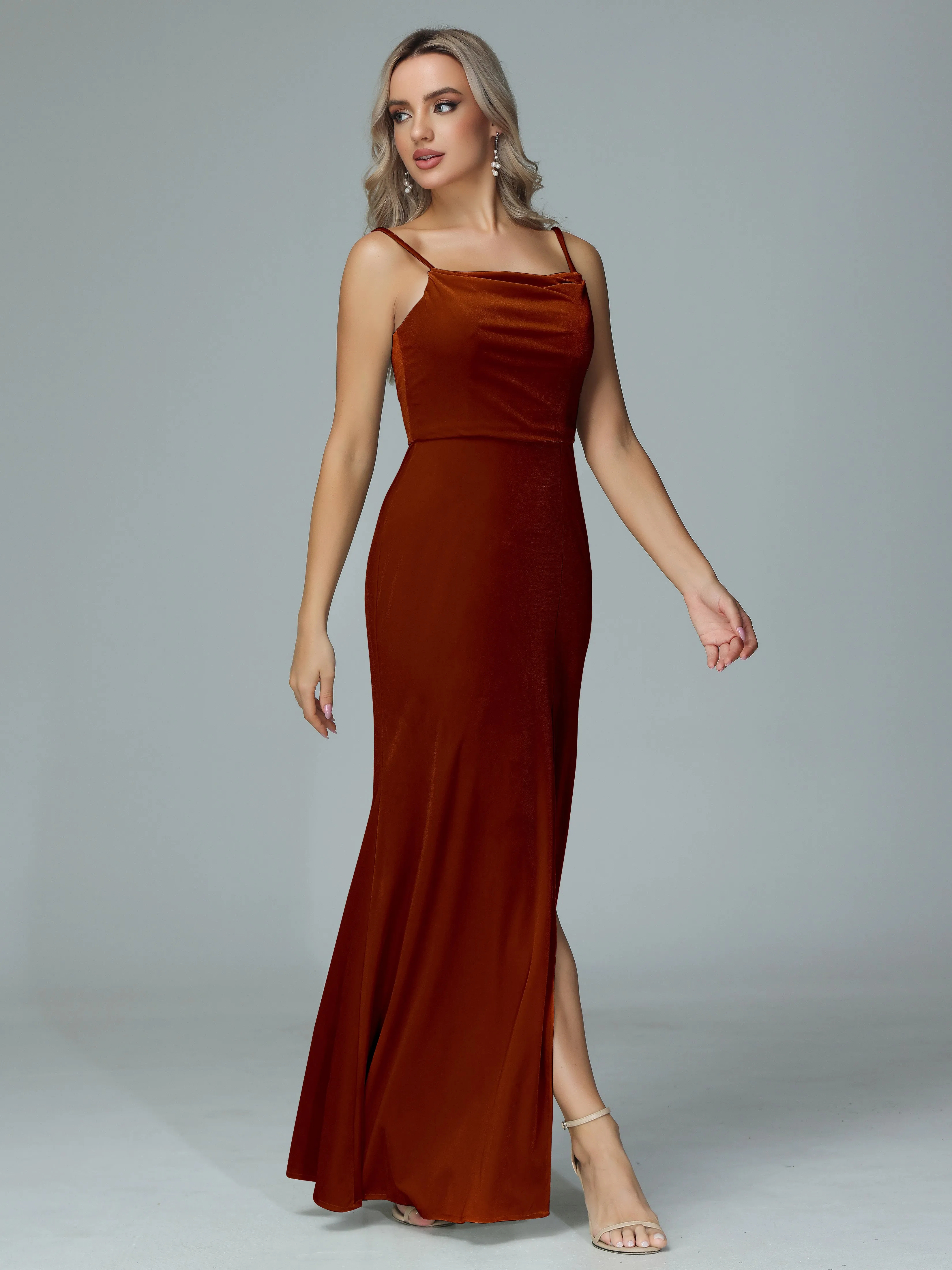 Spaghetti Straps Velvet Bridesmaid Dresses with Slit