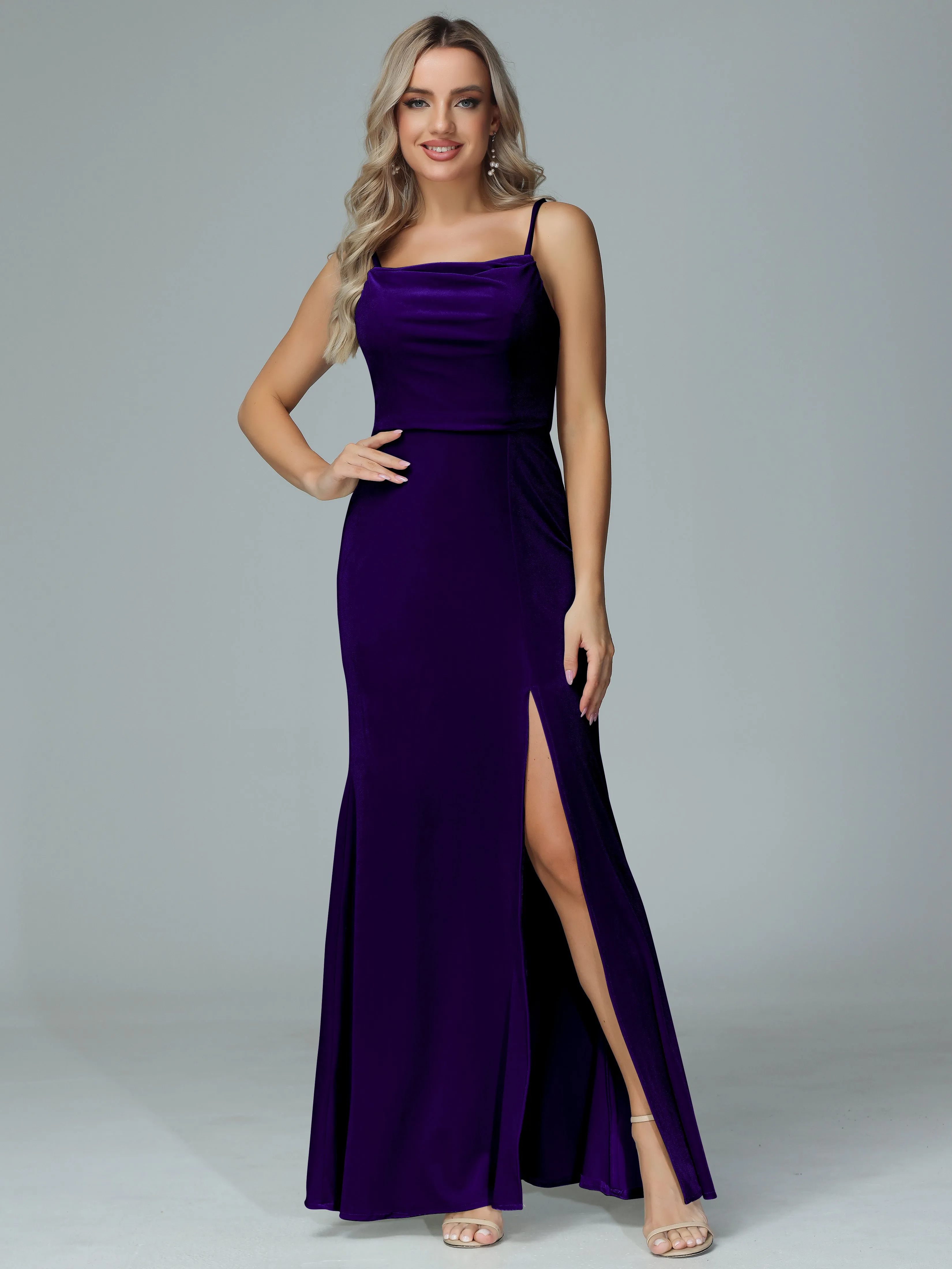 Spaghetti Straps Velvet Bridesmaid Dresses with Slit