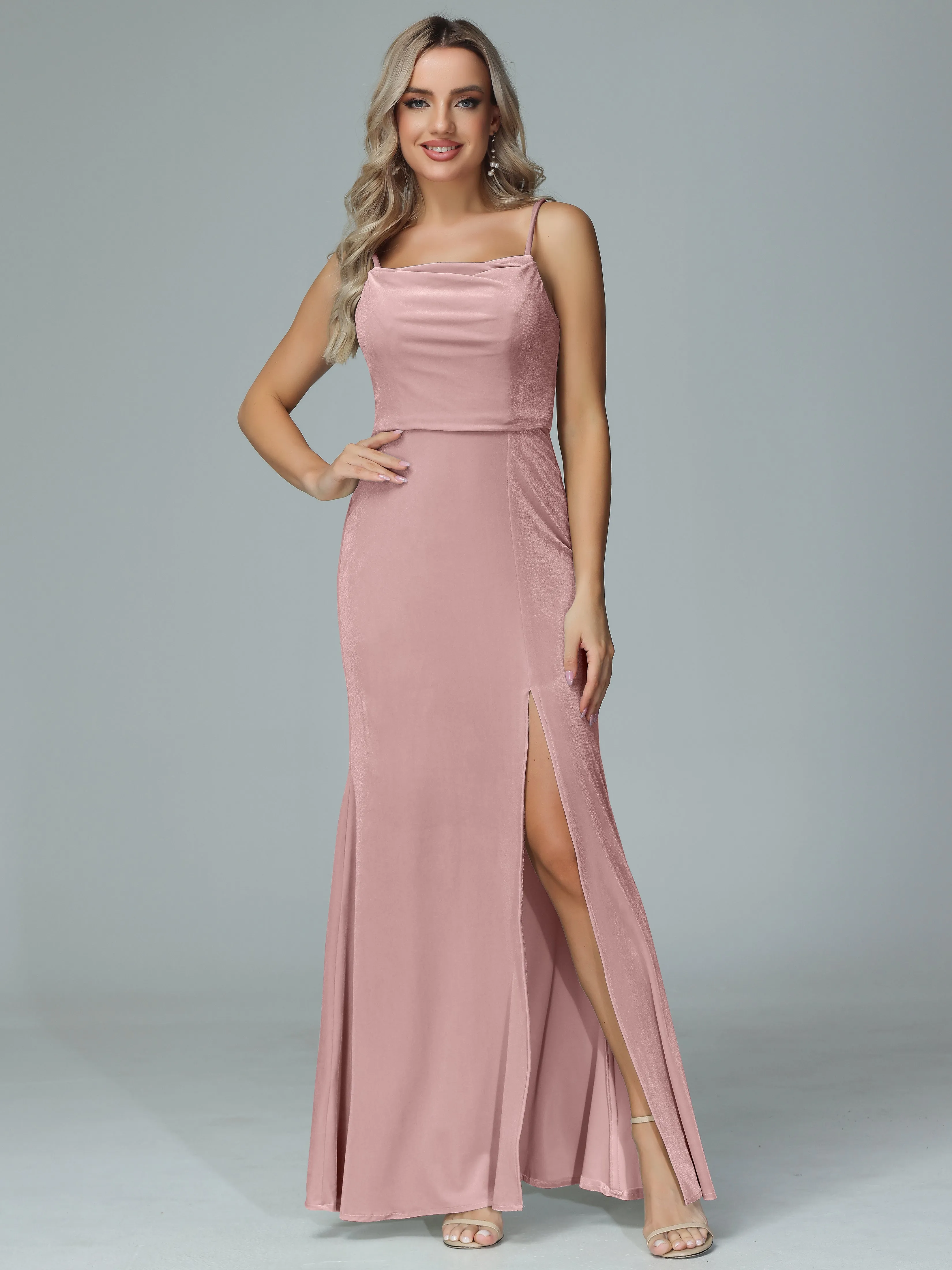 Spaghetti Straps Velvet Bridesmaid Dresses with Slit