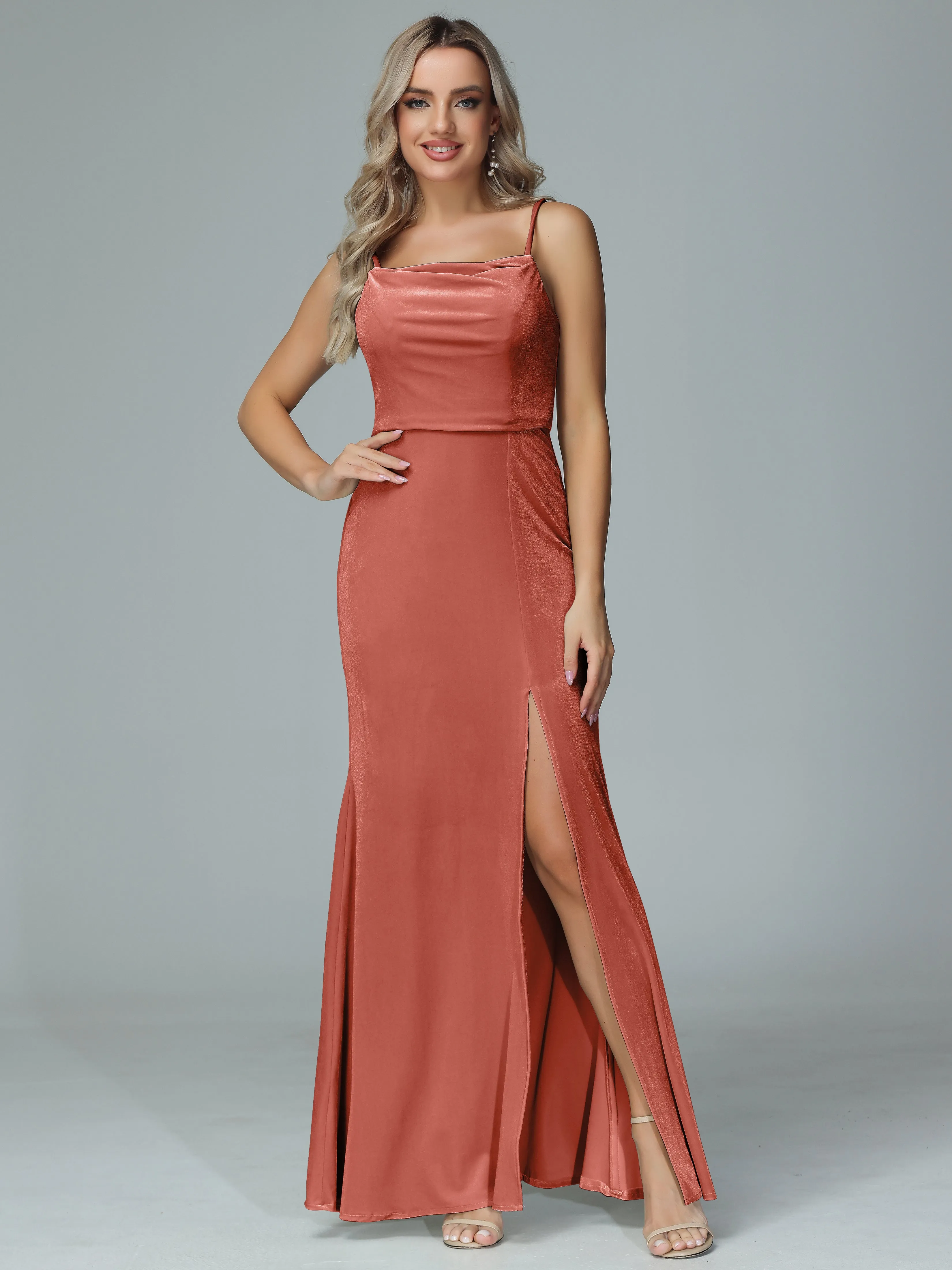 Spaghetti Straps Velvet Bridesmaid Dresses with Slit