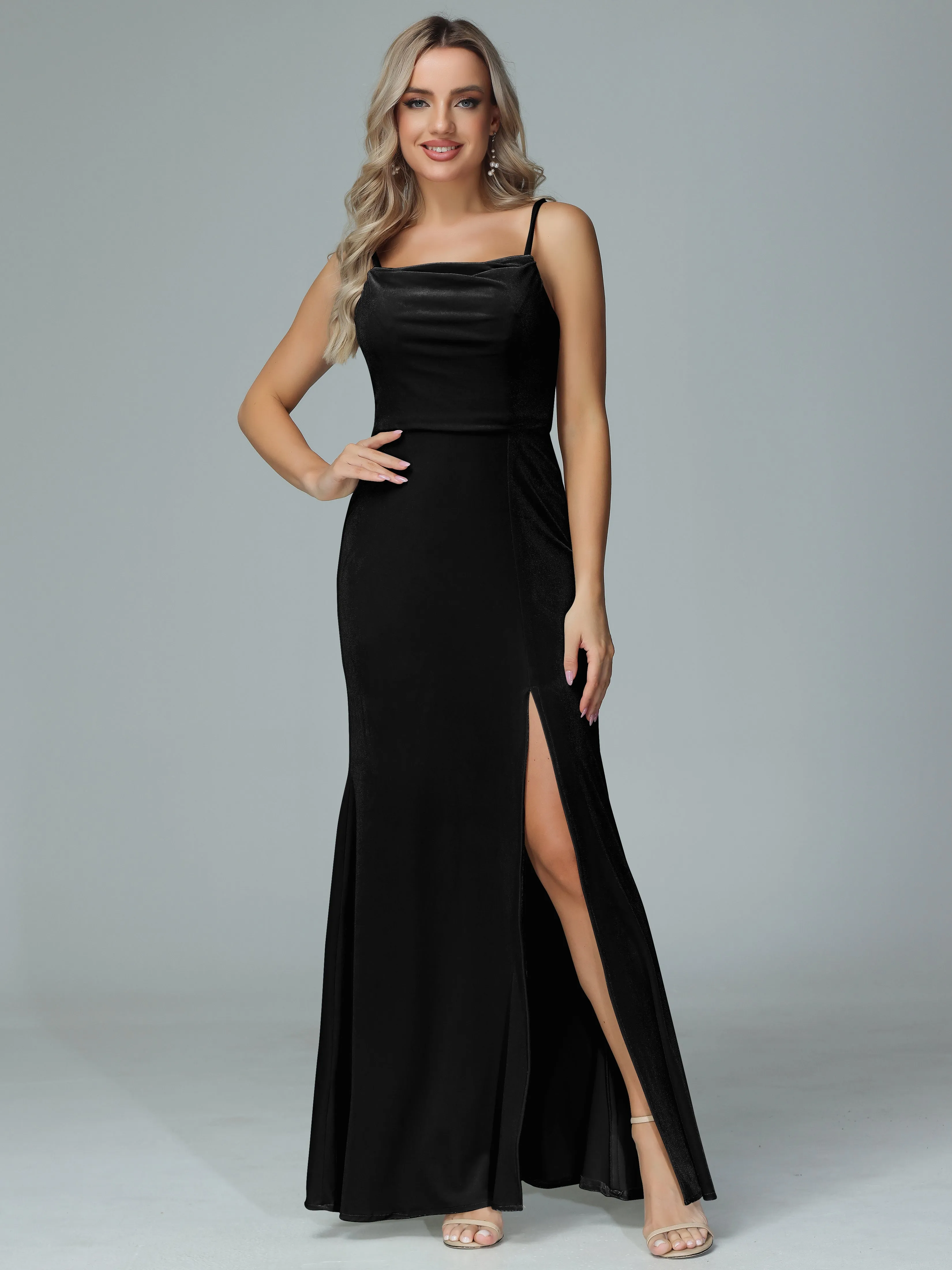 Spaghetti Straps Velvet Bridesmaid Dresses with Slit