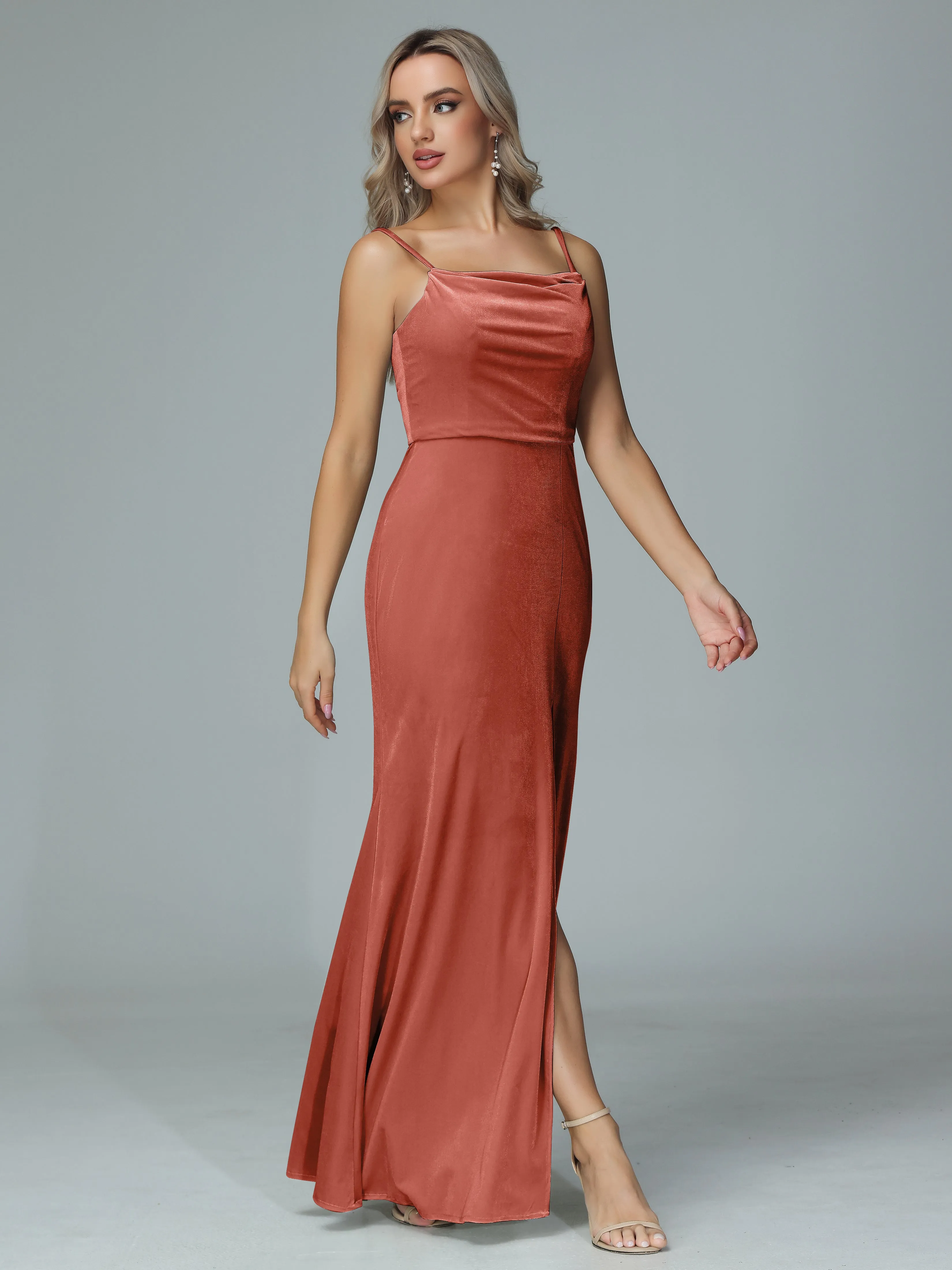 Spaghetti Straps Velvet Bridesmaid Dresses with Slit