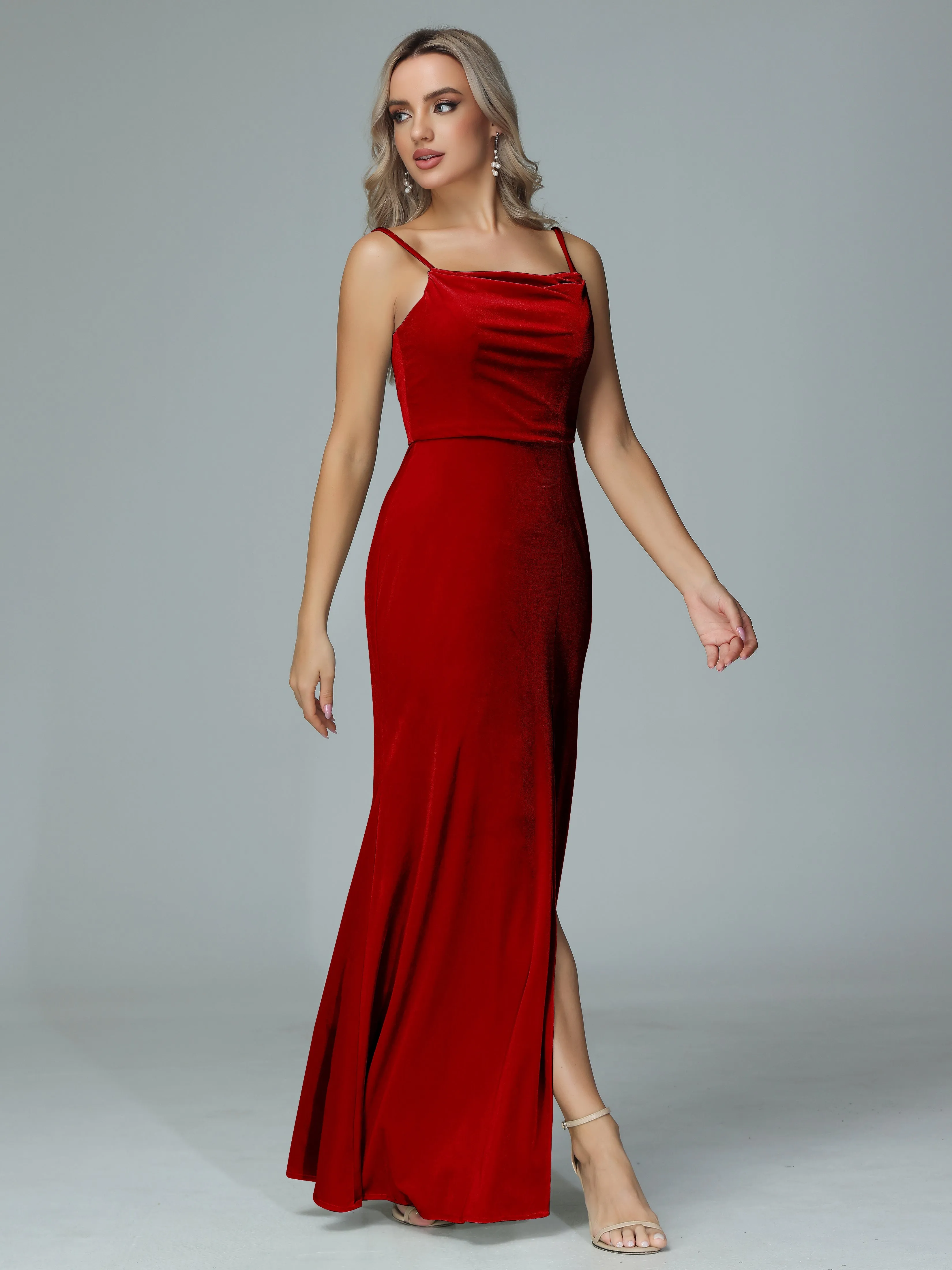 Spaghetti Straps Velvet Bridesmaid Dresses with Slit