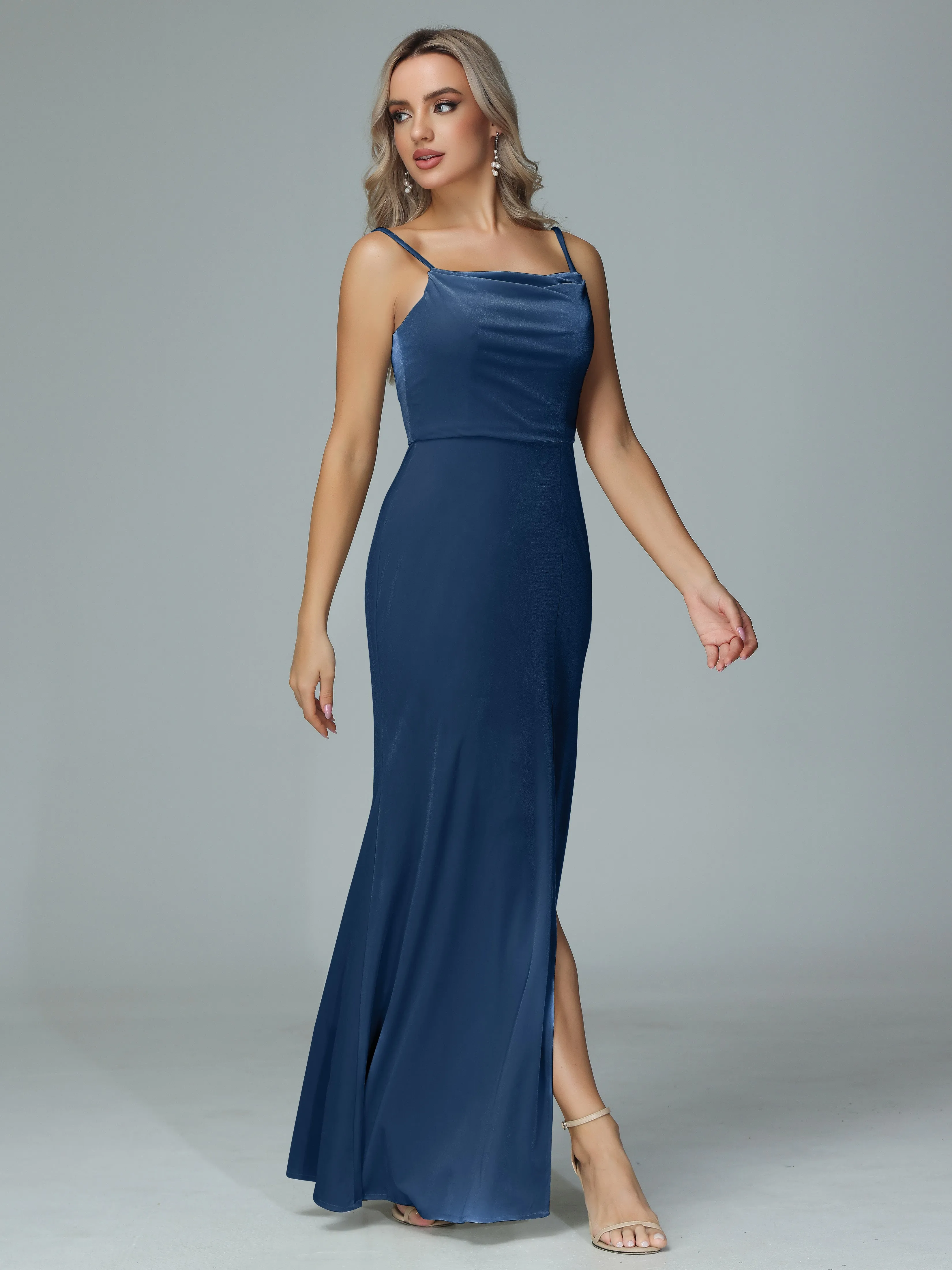 Spaghetti Straps Velvet Bridesmaid Dresses with Slit