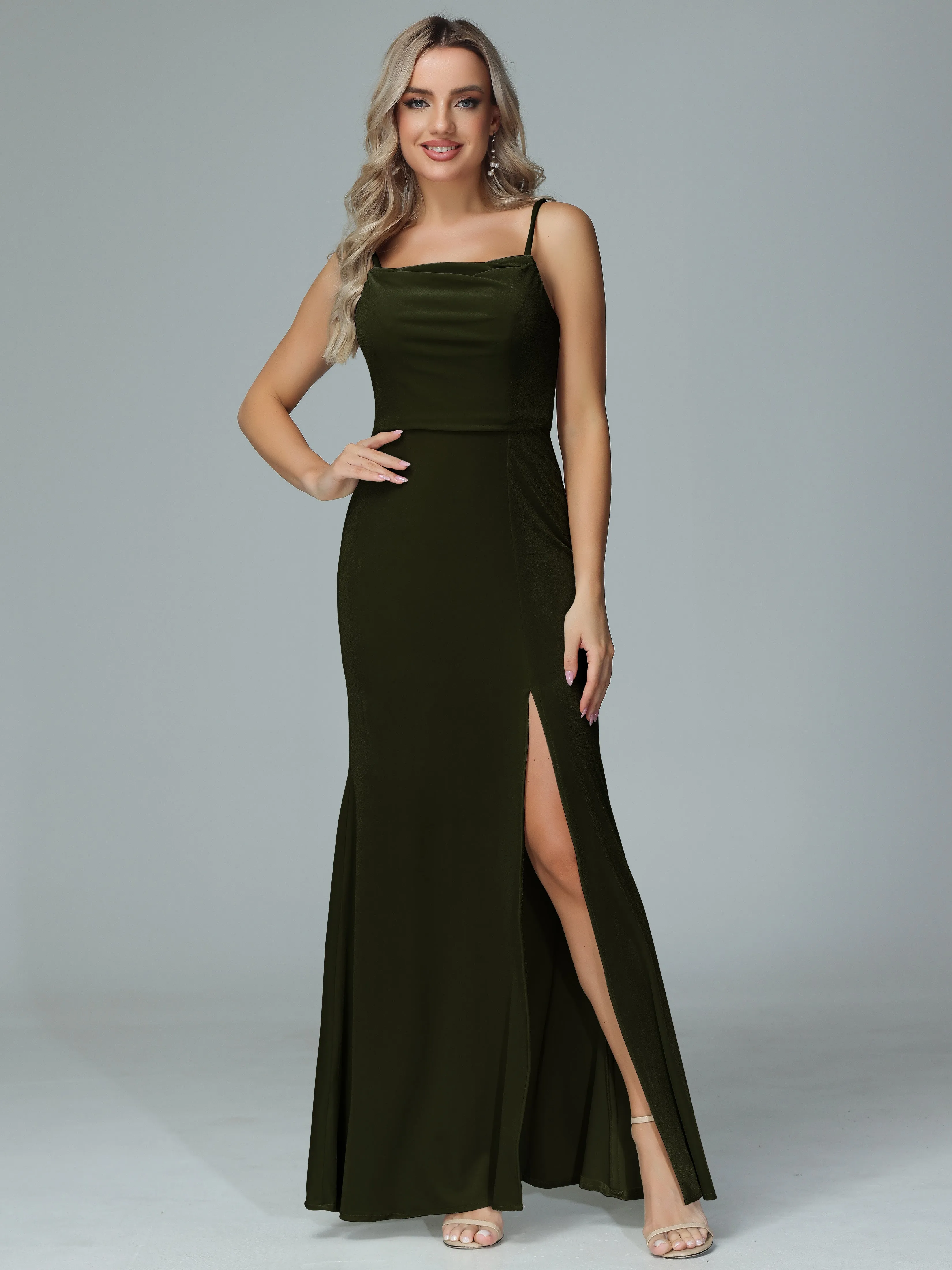 Spaghetti Straps Velvet Bridesmaid Dresses with Slit