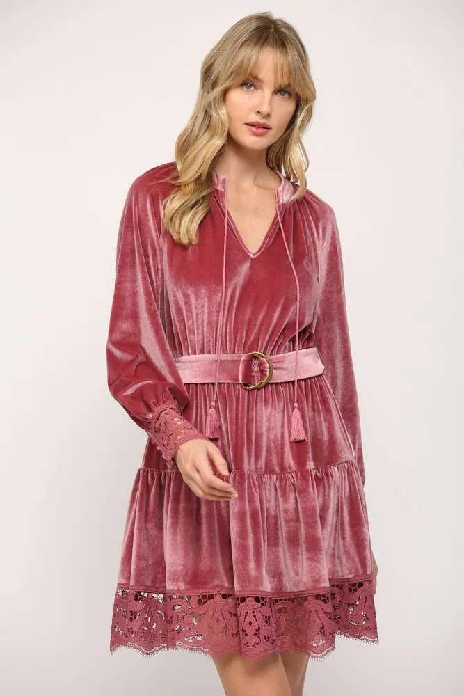 VELVET WITH CROCHET TRIM TASSEL TIE V-NECK DRESS(FD7297VC)