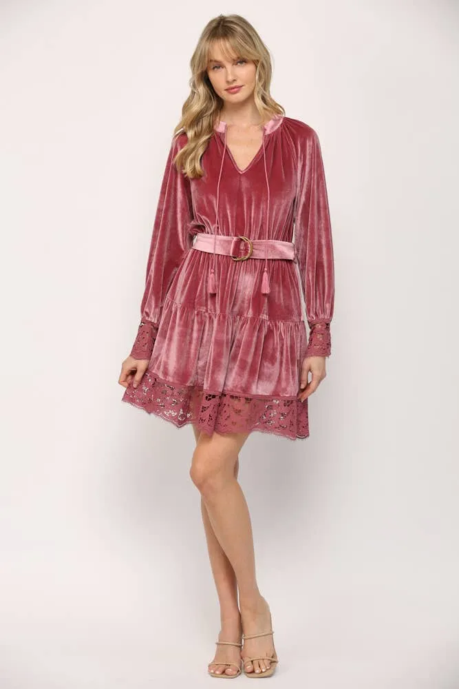 VELVET WITH CROCHET TRIM TASSEL TIE V-NECK DRESS(FD7297VC)