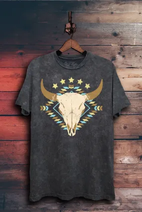 Western Cow Skull Tribal Tee | Vintage Black Mineral Wash