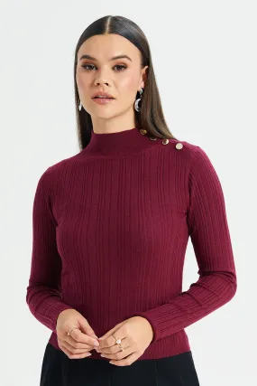 Women Burgundy Embellished Shoulder Button Top